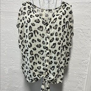 Miami Cream Sleeveless Sheer Leopard Button Tie Front Blouse